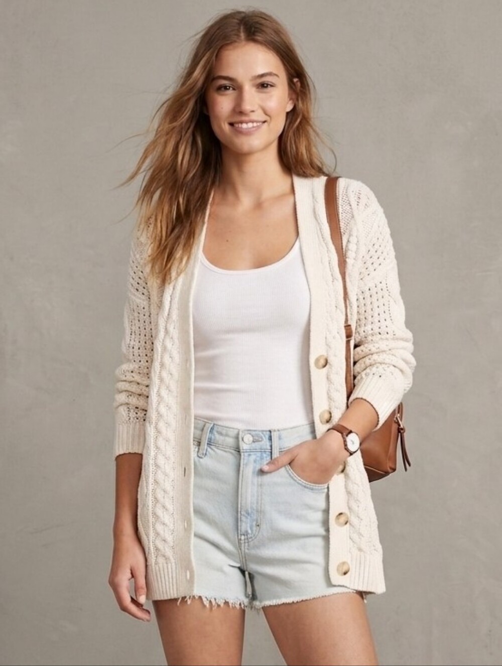 Abercrombie And Fitch Cream Cabel Knit Cotton Blend Cardigan Sweater Size Small